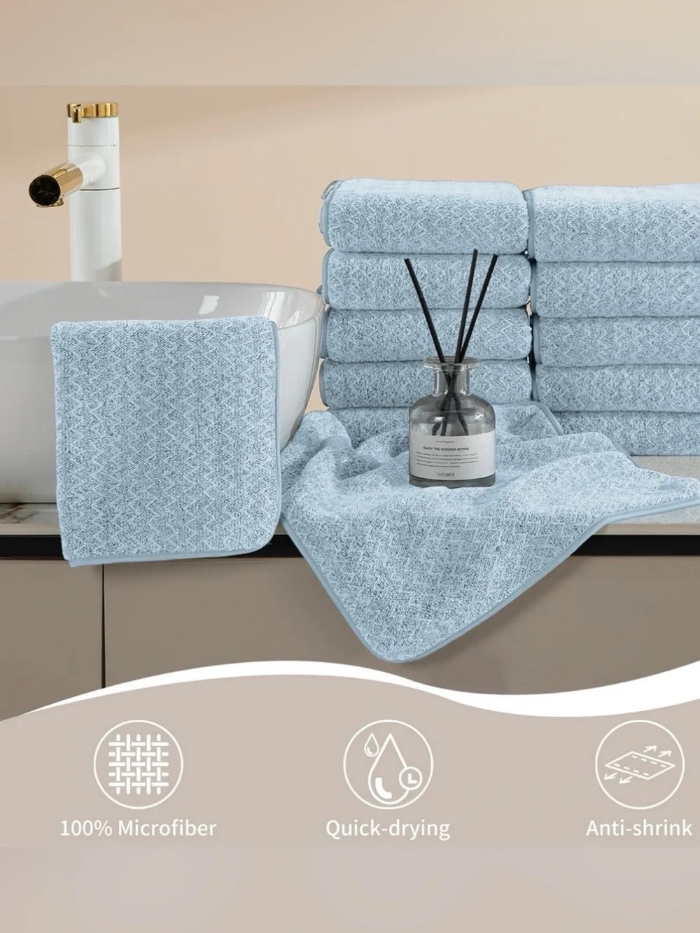 Jessy Microfiber Wash Cloths Light Blue Set of Six Hanging Loops